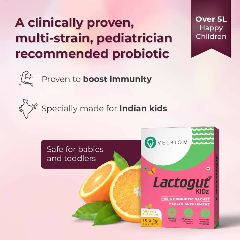 Velbiom Lactogut Kidz Probiotics Powder Sachets - Orange Flavor