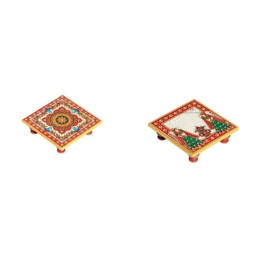 Handicrafts Paradise Intricate Floral Painted Marble Chowki (10.2 cm x 10.2 cm x 2.55 cm, multicolour), square