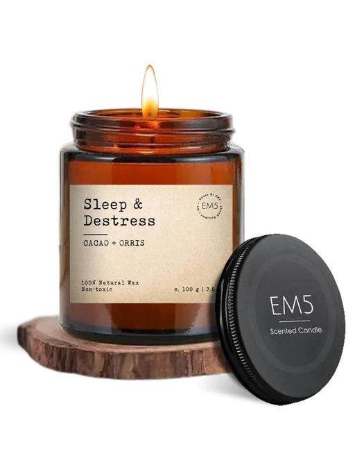 EM5 Sleep & Destress Candle Cacao & Orris 100% Natural Wax 30hr Burn 100g