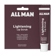 Packaging and tube of ALL MAN Lightening Lip Scrub with the ingredients sugar, kokum butter, and vitamin E mentioned, and a description of exfoliating, hydrating, and lightening dark lips.