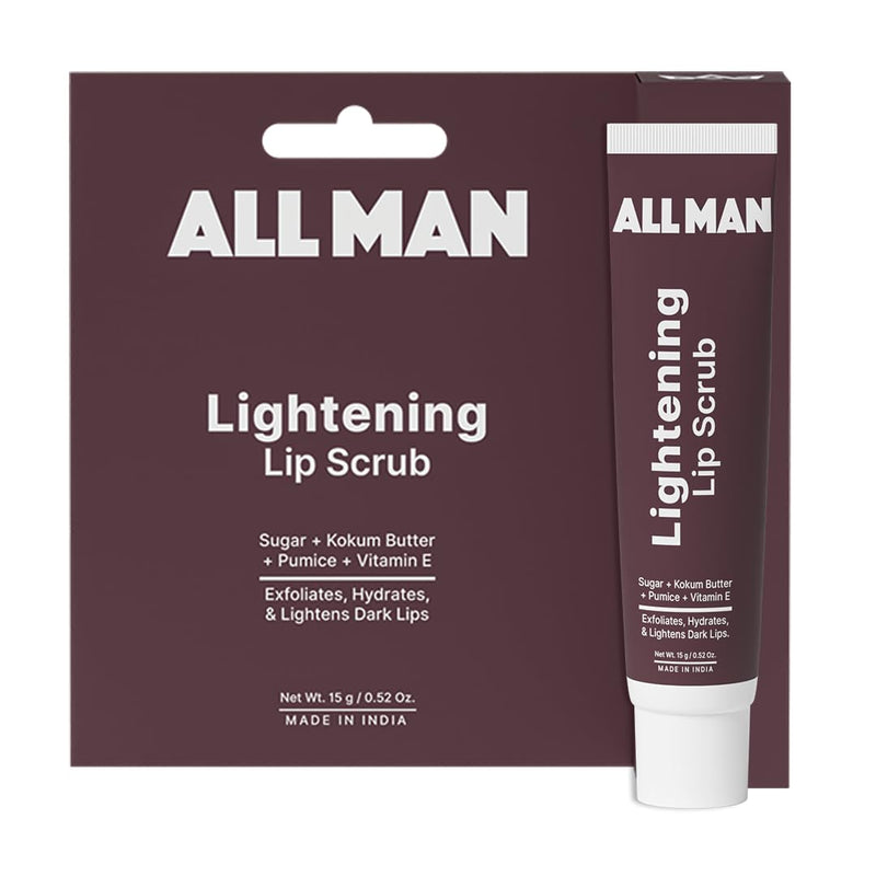 Packaging and tube of ALL MAN Lightening Lip Scrub with the ingredients sugar, kokum butter, and vitamin E mentioned, and a description of exfoliating, hydrating, and lightening dark lips.