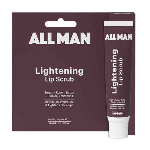 Packaging and tube of ALL MAN Lightening Lip Scrub with the ingredients sugar, kokum butter, and vitamin E mentioned, and a description of exfoliating, hydrating, and lightening dark lips.