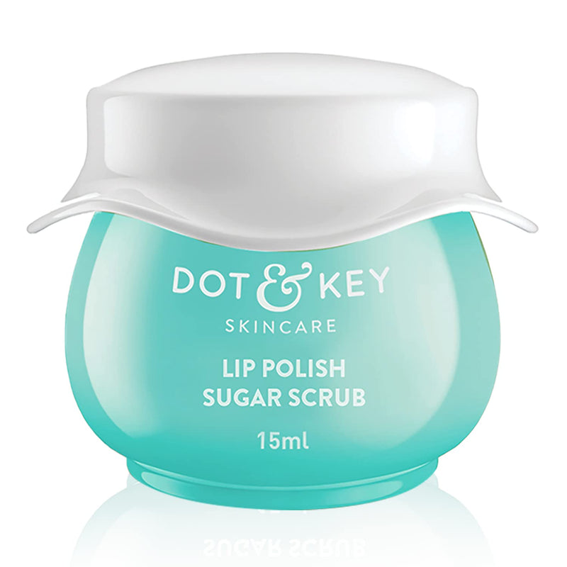 DOT & KEY Lip Polish Sugar Scrub in a turquoise jar with a white lid, labeled 15ml.