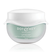 A container of DOT & KEY Lip Polish Sugar Scrub in a turquoise jar with a white lid, labeled 15ml.
