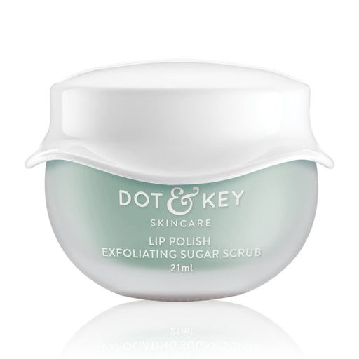 A container of DOT & KEY Lip Polish Sugar Scrub in a turquoise jar with a white lid, labeled 15ml.