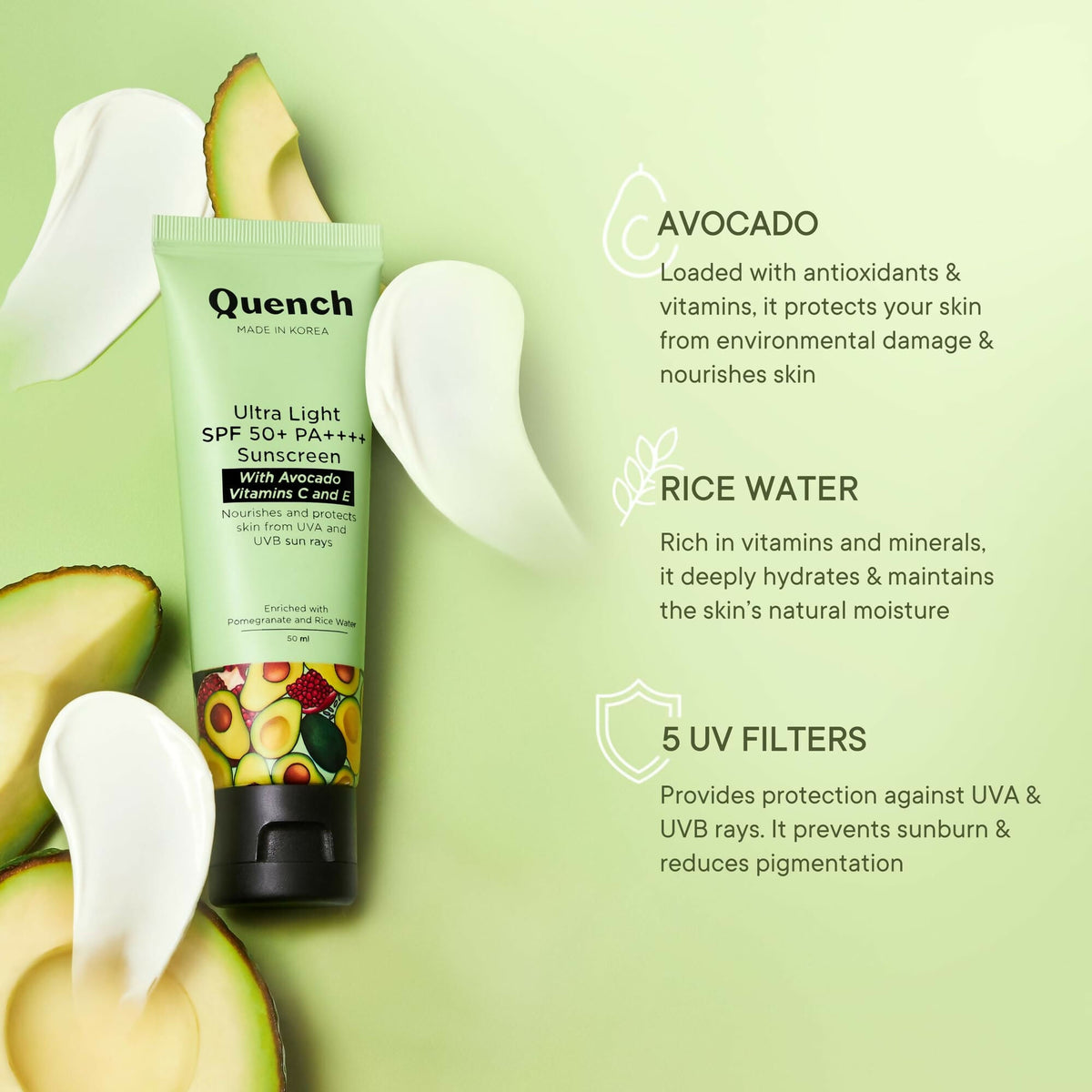 Quench Vitamin E Ultra Light SPF 50+ PA++++ Sunscreen for Glowing Skin - Korean Skincare