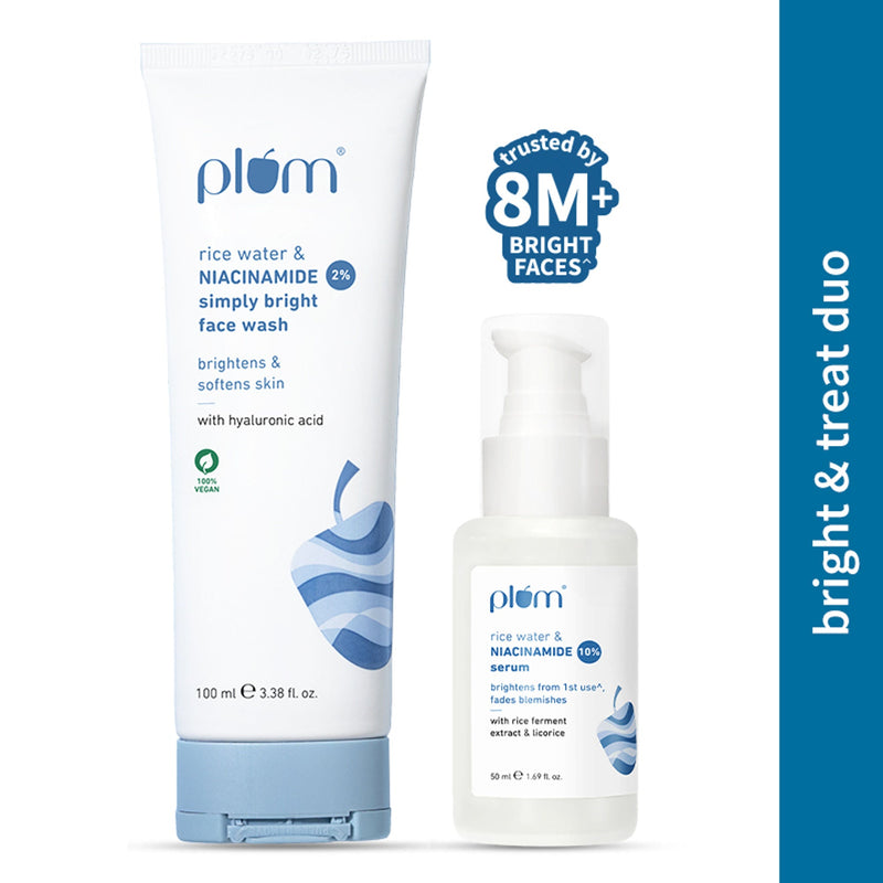 Plum Niacinamide Facewash and Face Serum Combo for Brightening Skin Fades Blemishes & Hydrates
