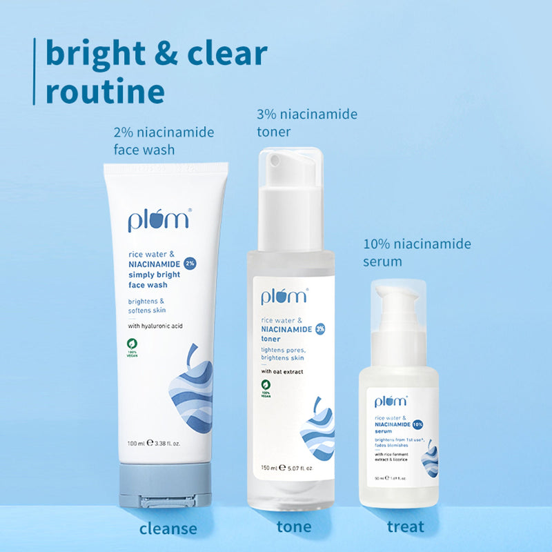 Plum Niacinamide Facewash, Toner & Face Serum Combo Tightens Pore, Fades Blemishes & Hydrates