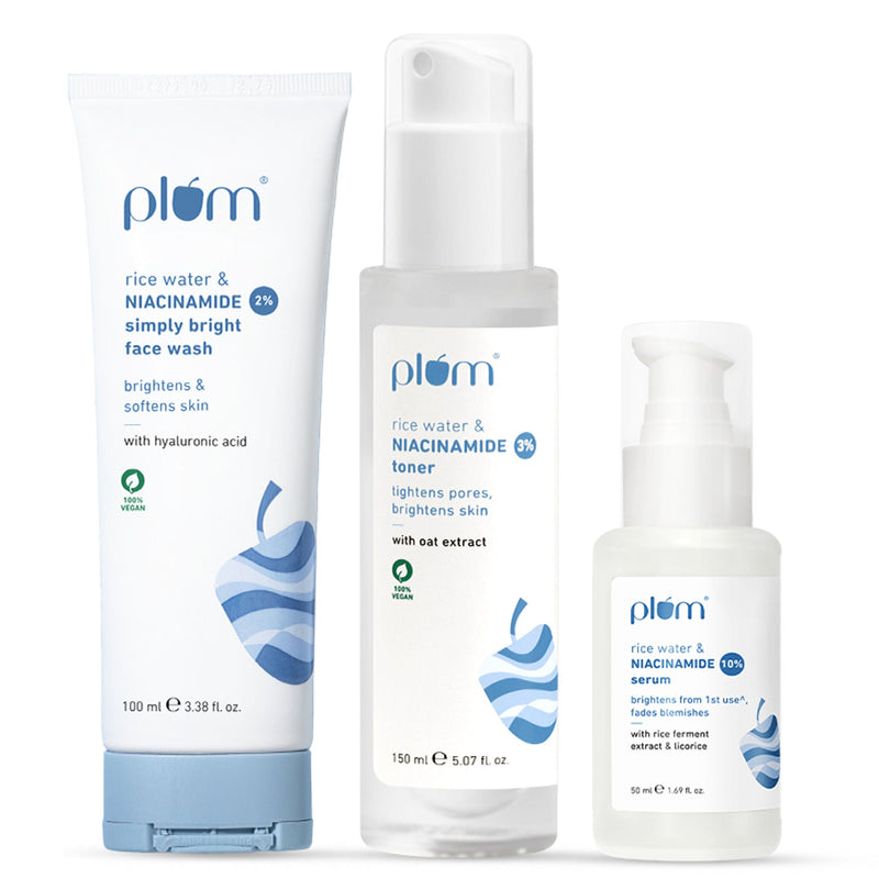 Plum Niacinamide Facewash, Toner & Face Serum Combo Tightens Pore, Fades Blemishes & Hydrates