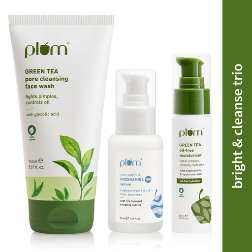 Plum Green Tea Face Wash, Serum And Moisturizer Trio With SPF 50 PA+++ For Acne Prone & Oily Skin