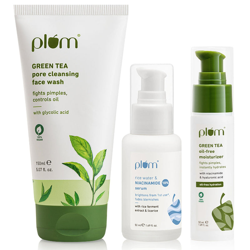 Plum Green Tea Face Wash, Serum And Moisturizer Trio With SPF 50 PA+++ For Acne Prone & Oily Skin