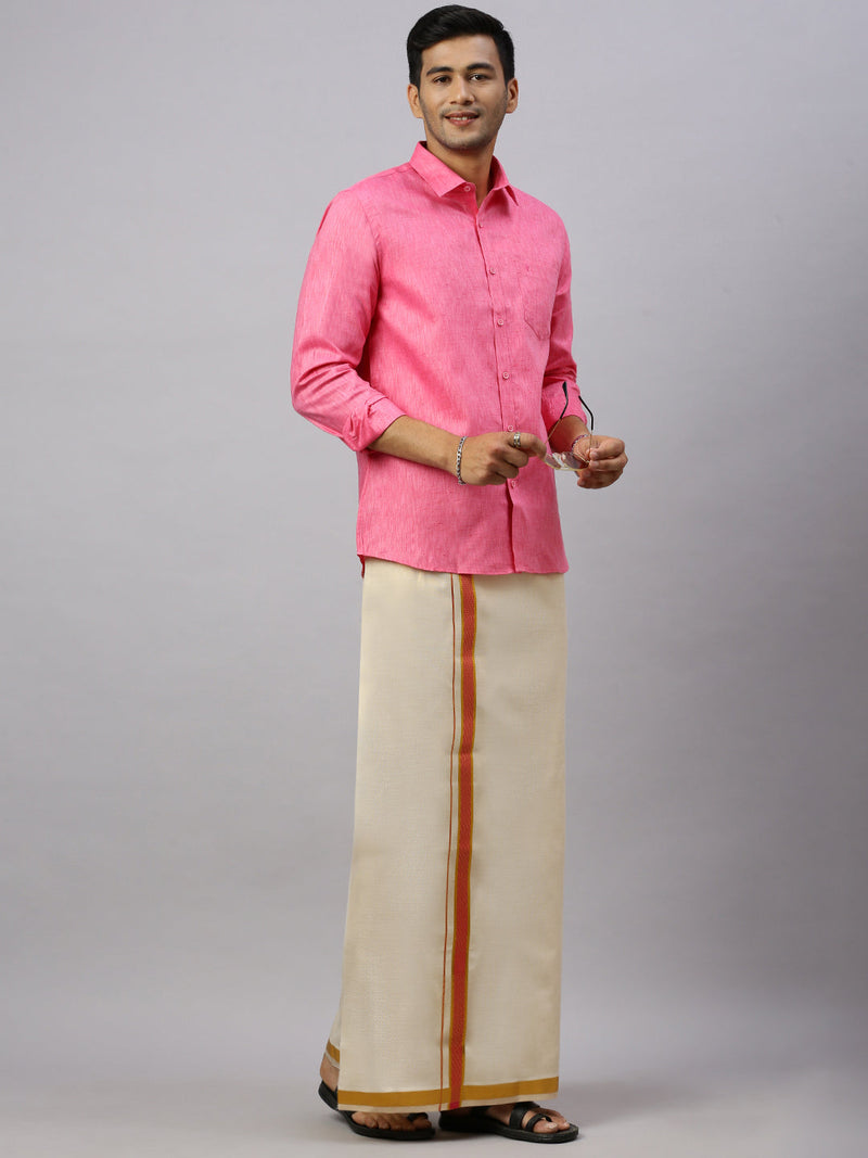 Men Cotton Rich Pink Shirt and Tissue Dhoti Set C34