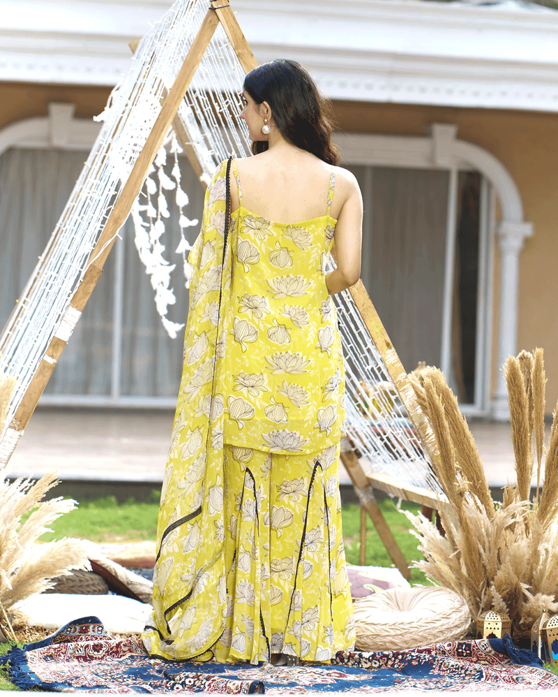 Emin Yellow Printed Georgette Sharara Set