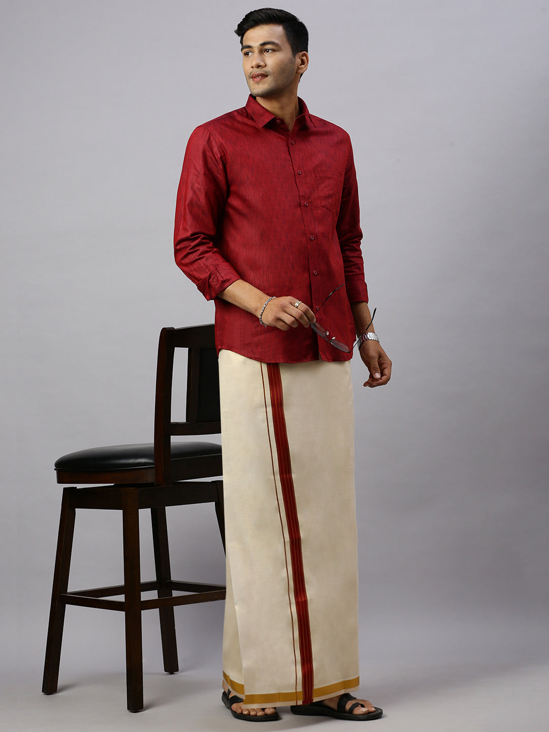 Men Cotton Rich Maroon Shirt and Tissue Dhoti Set C81