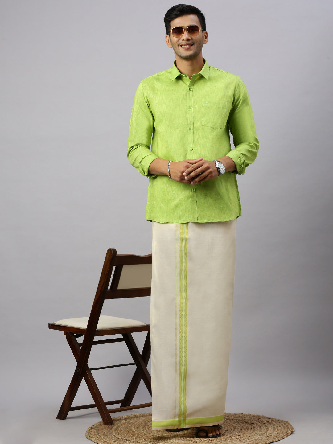 Men Cotton Rich Lite Green Shirt and Tissue Dhoti Set C82