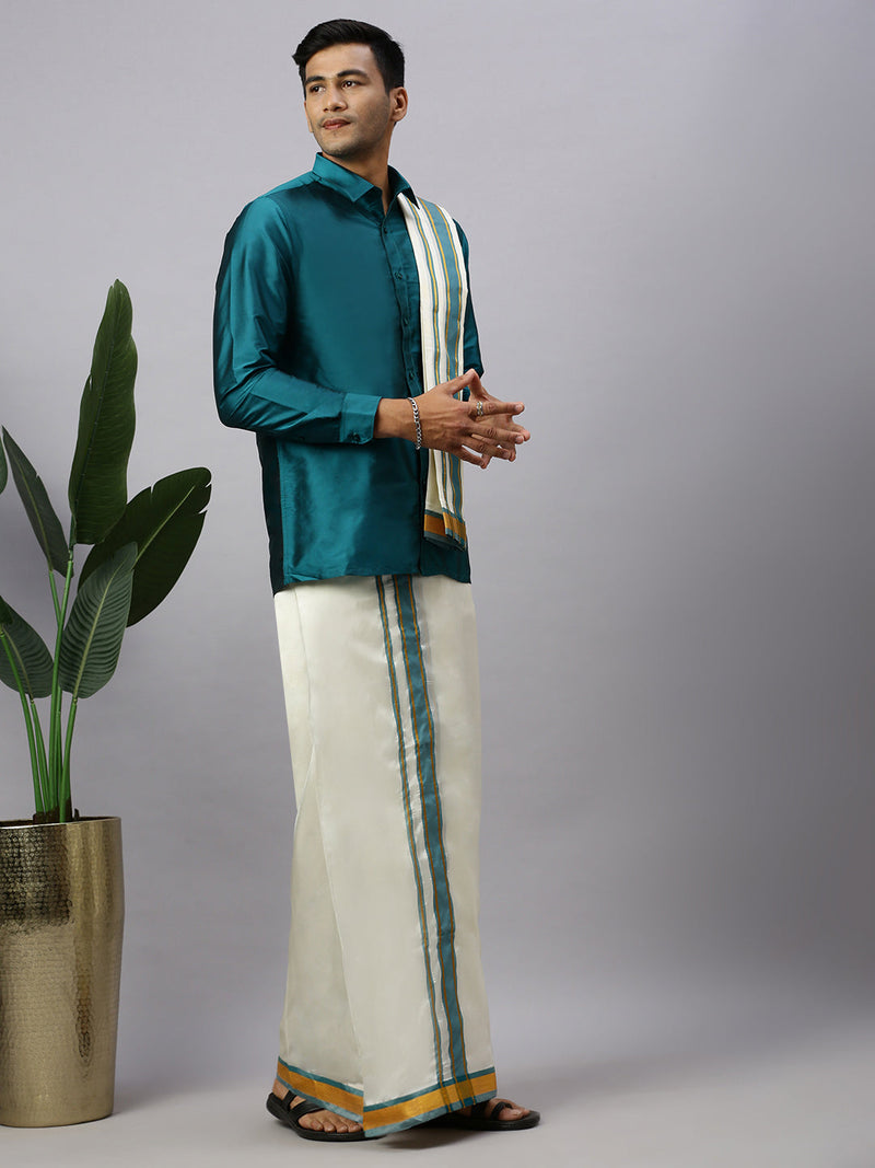 Men Full Sleeves Ramar Green Shirt with Matching Border Cream Dhoti & Towel Set K3
