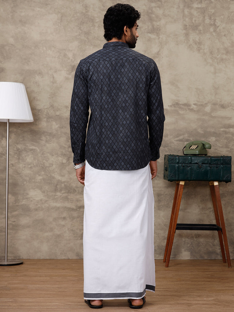 Men Black Matching Border Dhoti with Printed Shirt Set Fusion PS6