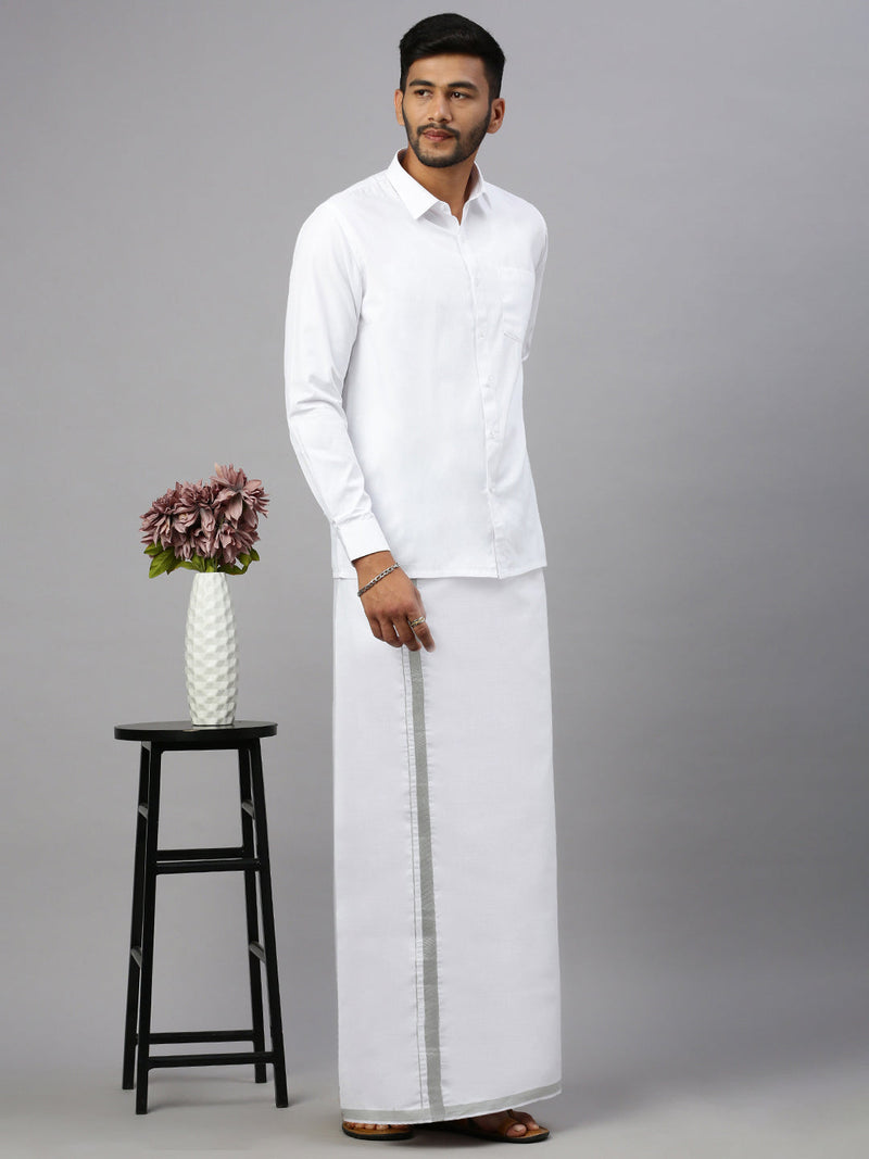 Men 100% Cotton Single Layer White Dhoti with 1/2" Jari Border Silver Storm