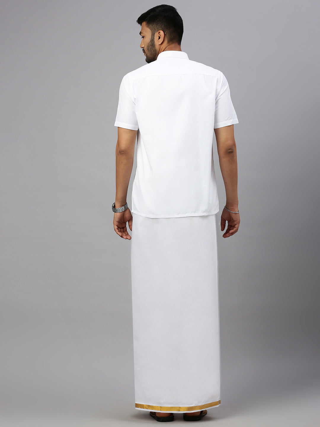 Men Cotton Blend Double Layer White Dhoti with 1" Gold Jari Border Crimson