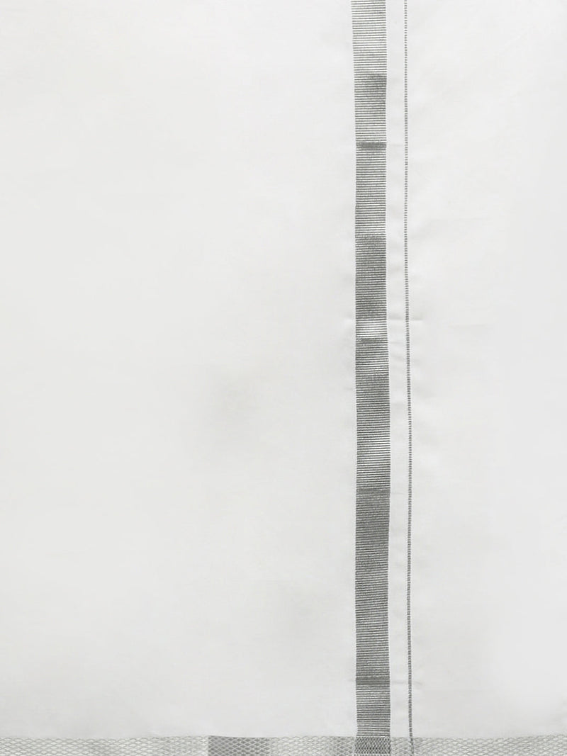 Men Cotton Blend Double Layer White Dhoti with 1" Jari Border Silver Rose