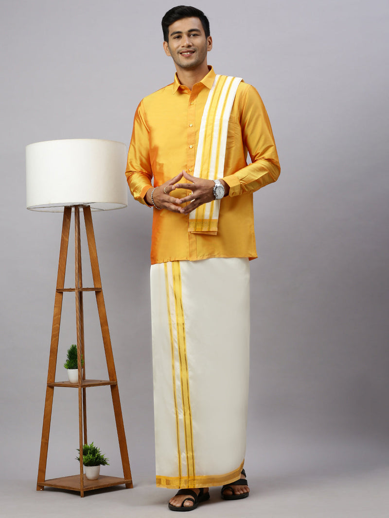 Men Full Sleeves Golden Yellow Shirt with Matching Border Cream Dhoti & Towel Set K6