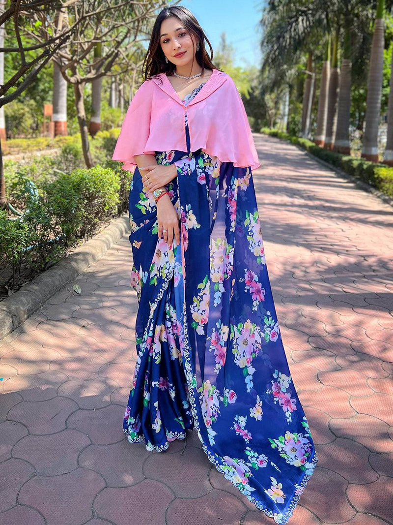 Navy Satin Georgette Floral Print Saree