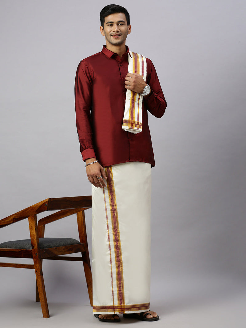 Men Full Sleeves Maroon Shirt with Matching Border Cream Dhoti & Towel Set K7