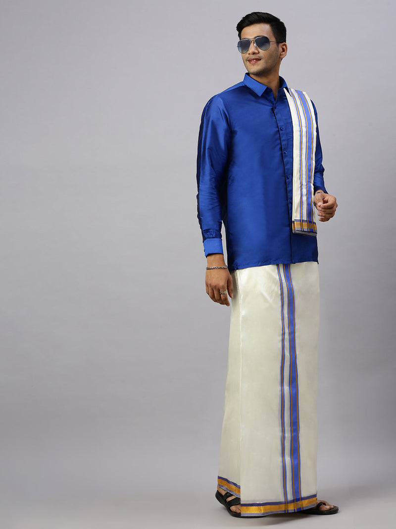 Men Full Sleeves Poster Blue Shirt with Matching Border Cream Dhoti & Towel Set K5