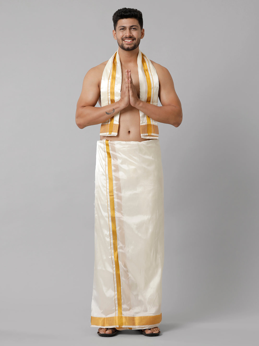Men Art Silk Double Layer Cream Dhoti with 3/4 Gold Jari Border Yoga