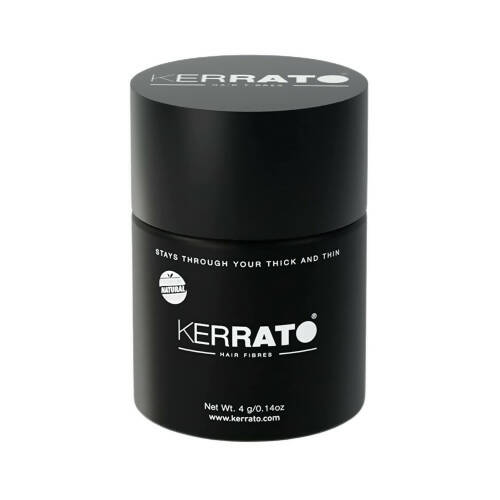 Black container of Kerrato hair fibers on a white background