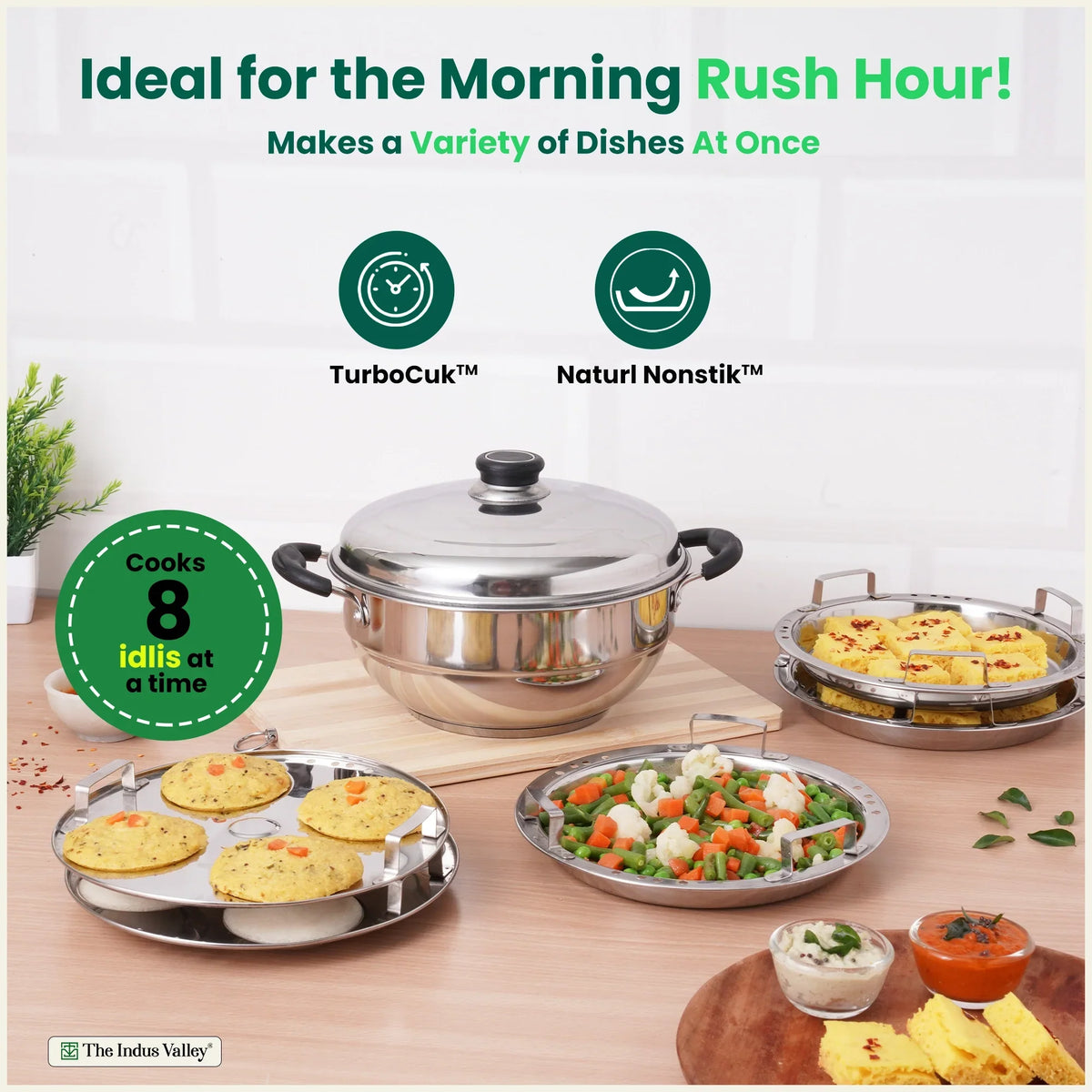The Indus Valley 8 Pit Tri-Steel Multi Pot Premium Stainless Steel Idli/ Dhokla/ Momo Maker/ Veg Steaming Set, Tri-ply Induction Bottom, 5 Plates, 3L