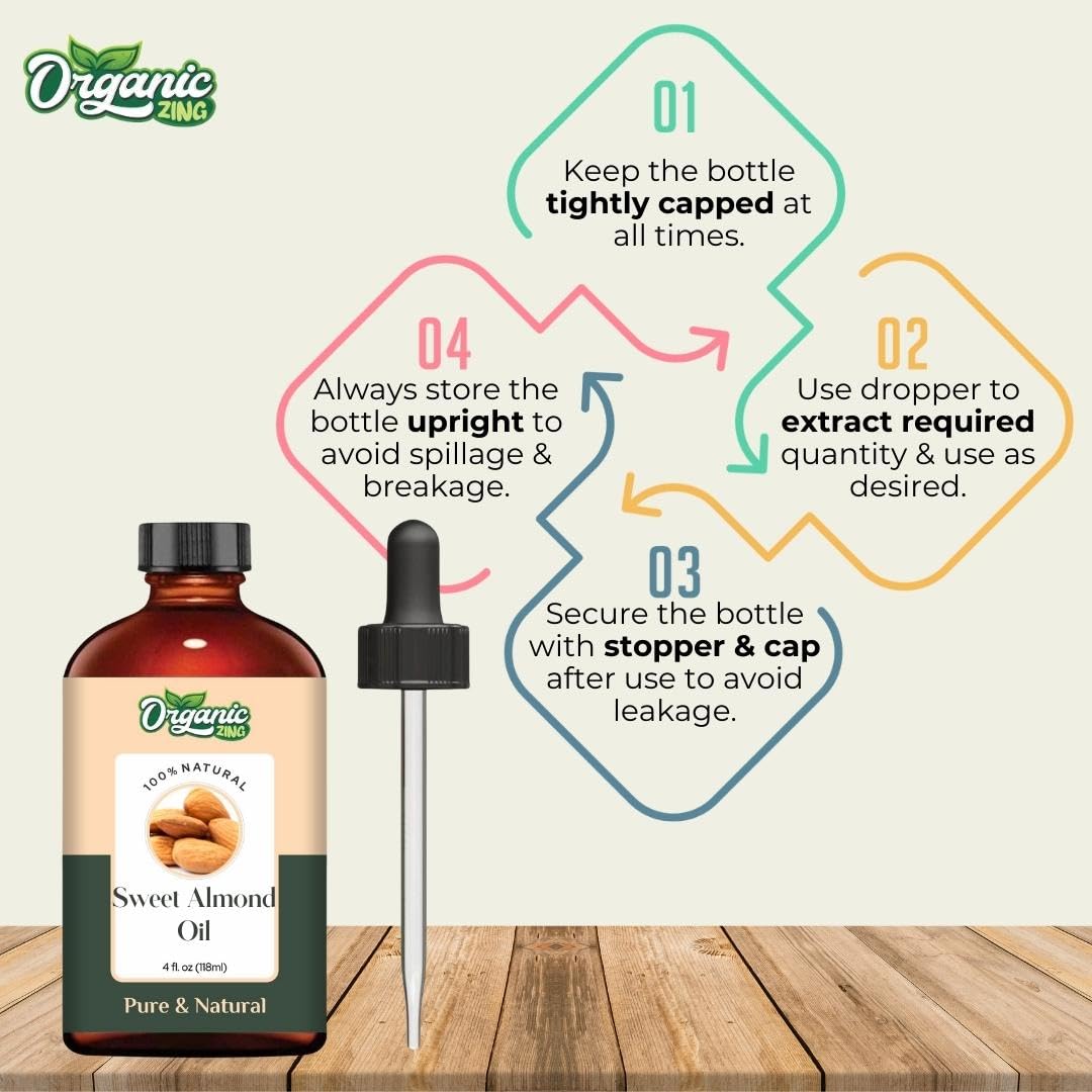 Organic Zing Sweet Almond (Prunus Amygdalus) Oil | Pure & Natural Essential Oil for Skincare, Hair Care, Massage