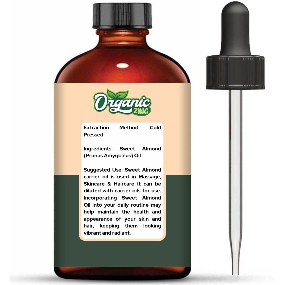 Organic Zing Sweet Almond (Prunus Amygdalus) Oil | Pure & Natural Essential Oil for Skincare, Hair Care, Massage