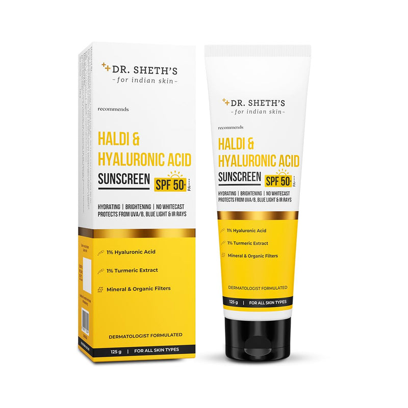 Dr. Sheth's Haldi & Hyaluronic Acid Sunscreen SPF 50+ | UVA/UVB & Blue Light Protection | Hydrating