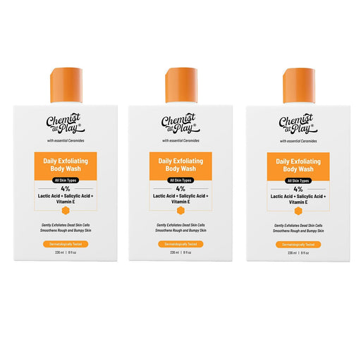 Chemist At Play Exfoliating Body Wash 236ml | Removes Tan, Fights Body Acne, Strawberry Skin | 4% (Salicylic Acid, Vitamin E & Lactic Acid) | Gentle Exfoliating Shower Gel For Women & Men