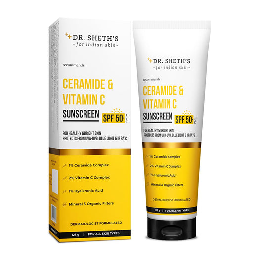 Dr. Sheth's Ceramide & Vitamin C Sunscreen | In-Vivo Tested | Protects, Moisturizes & Brightens Skin | SPF 50+ PA++++ | Lightweight, Leaves No White Cast | 50 g