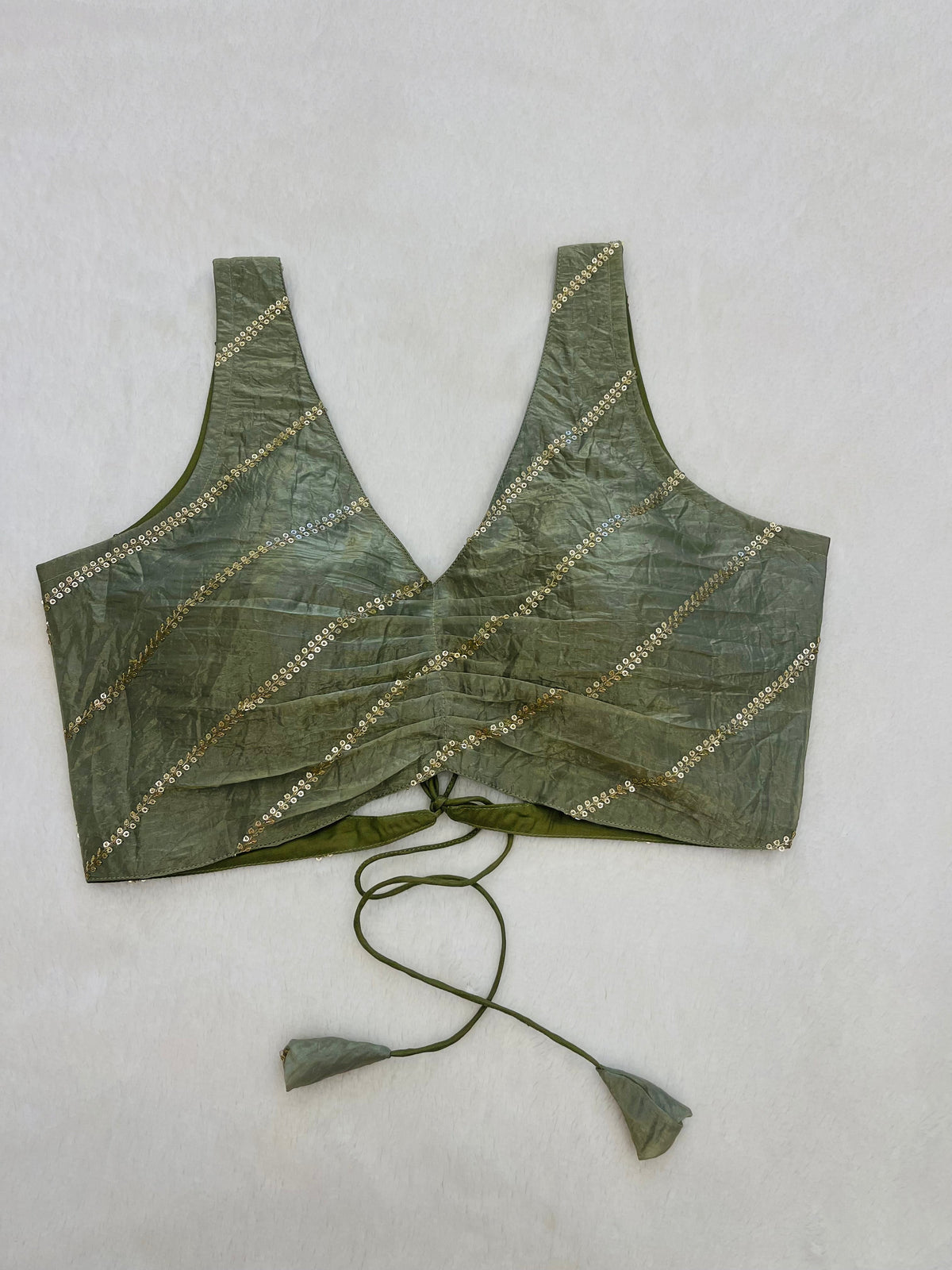 Divine light green organza festive wear backless blouse