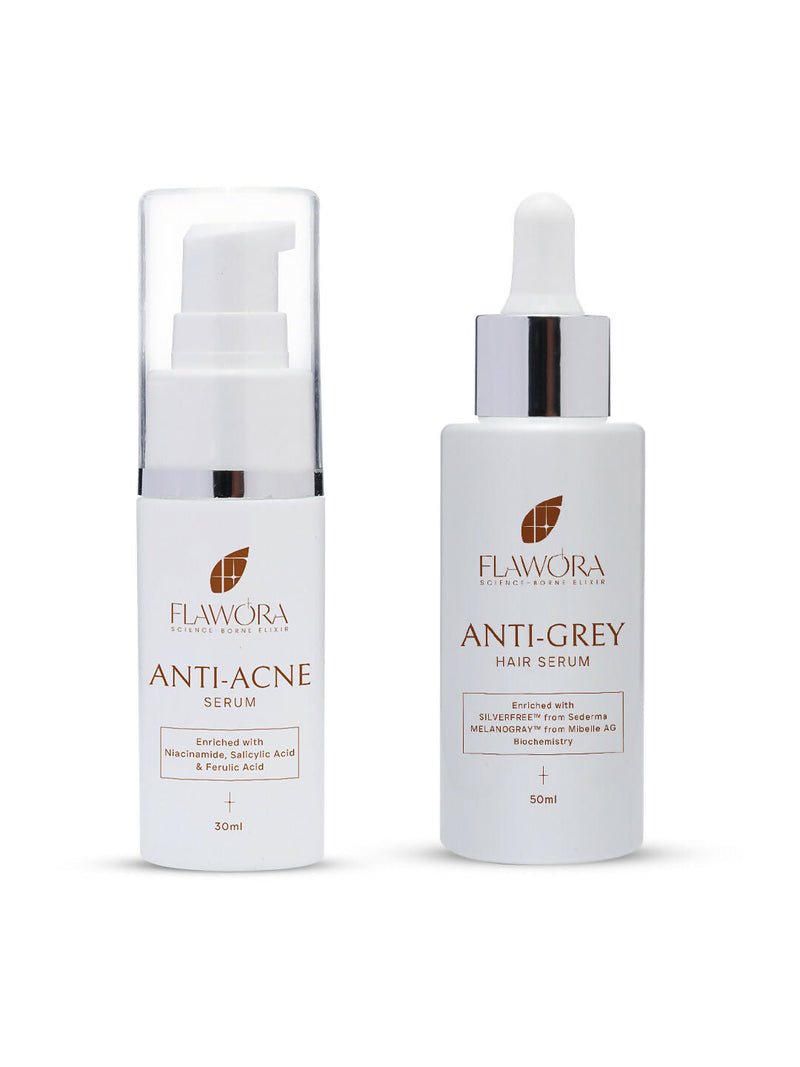 Flawora Anti-Grey Hair Serum For Reversing Grey Hair and Anti Acne Serum to reduce Blackheads and Open Pores