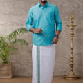 Men Matching Jari Border Dhoti & Full Sleeves Shirt Set Blue VB8
