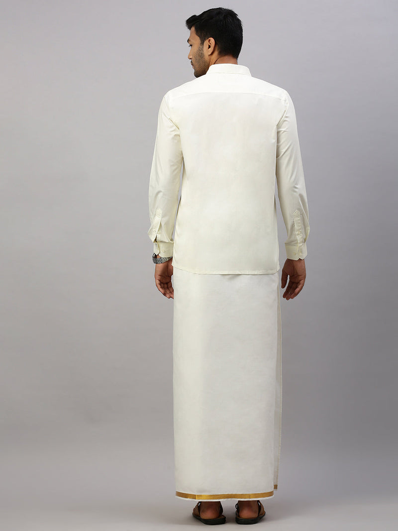 Men Cream with 3/4" Gold Jari Border Readymade Double Layer Dhoti C198