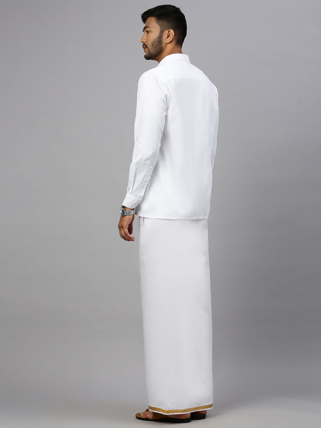 Men Cotton Blend Readymade Double Layer White Dhoti with Gold Jari Border W428