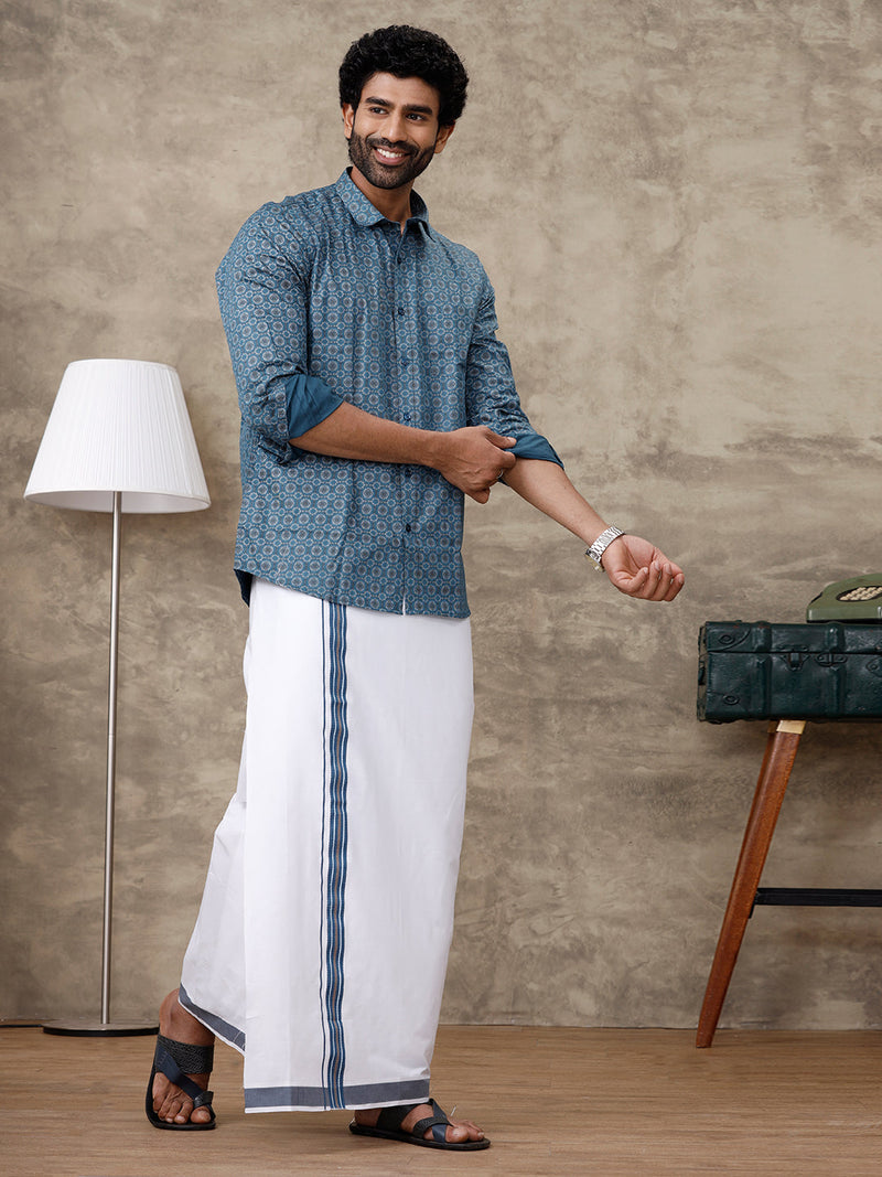 Men Dark Blue With Grey Matching Border Dhoti with Printed Shirt Set Fusion PS4