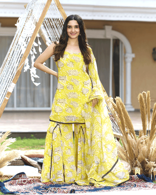 Emin Yellow Printed Georgette Sharara Set