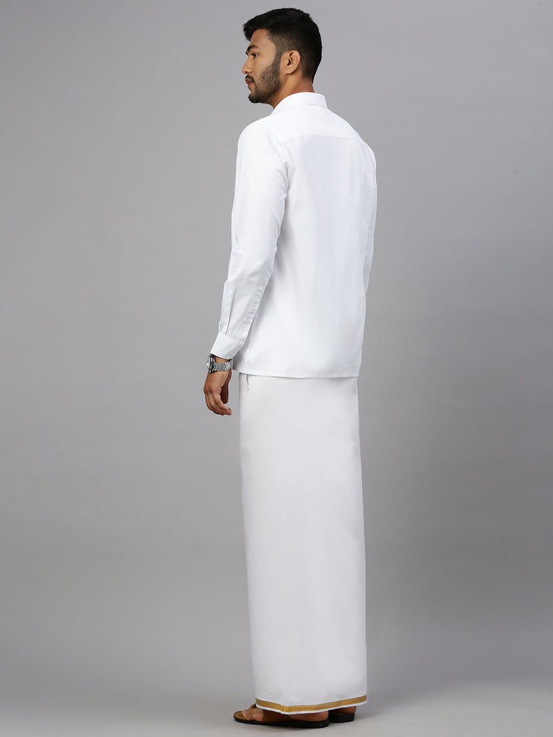 Men Cotton Blend Readymade Single Layer White Dhoti with 3/4" Gold Jari Border M146
