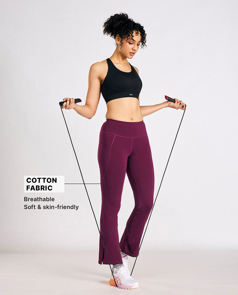 Women High Waist Cotton Side Slit Flared Pants Burgundy