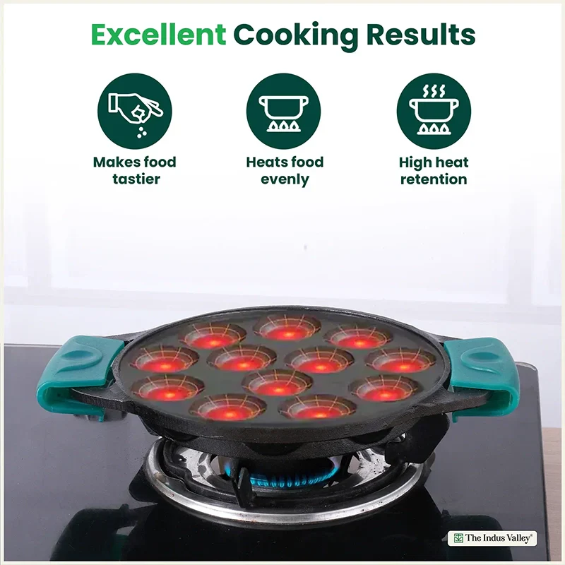 The Indus Valley 12 Pit/Cup CASTrong Cast Iron Paniyaram/Appe Pan, Pre-seasoned, with Double Handle Silicone Grip,Toxin-free, 20.8 cm, 2.2 kg