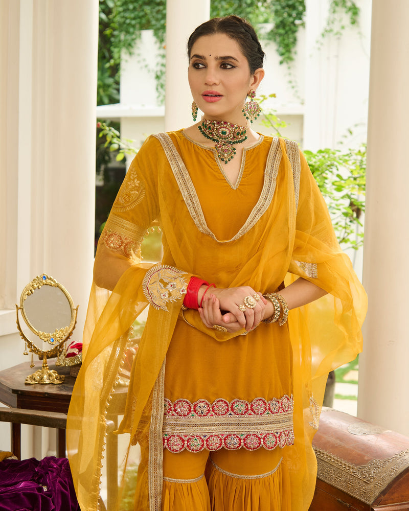Kavi Yellow Embroidered Velvet Sharara Set