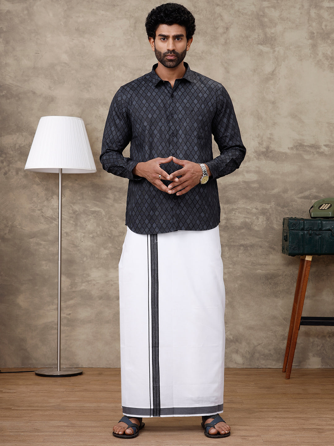 Men Black Matching Border Dhoti with Printed Shirt Set Fusion PS6