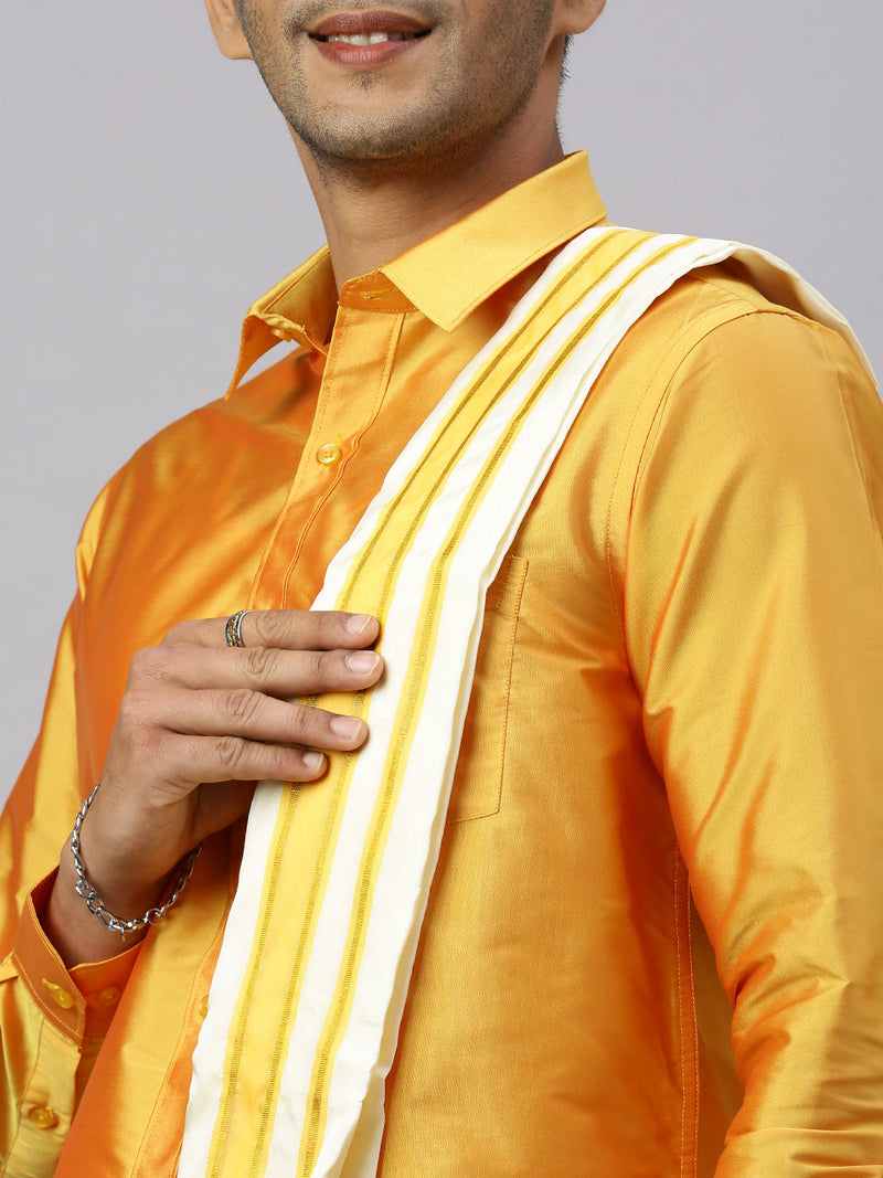 Men Full Sleeves Golden Yellow Shirt with Matching Border Cream Dhoti & Towel Set K6