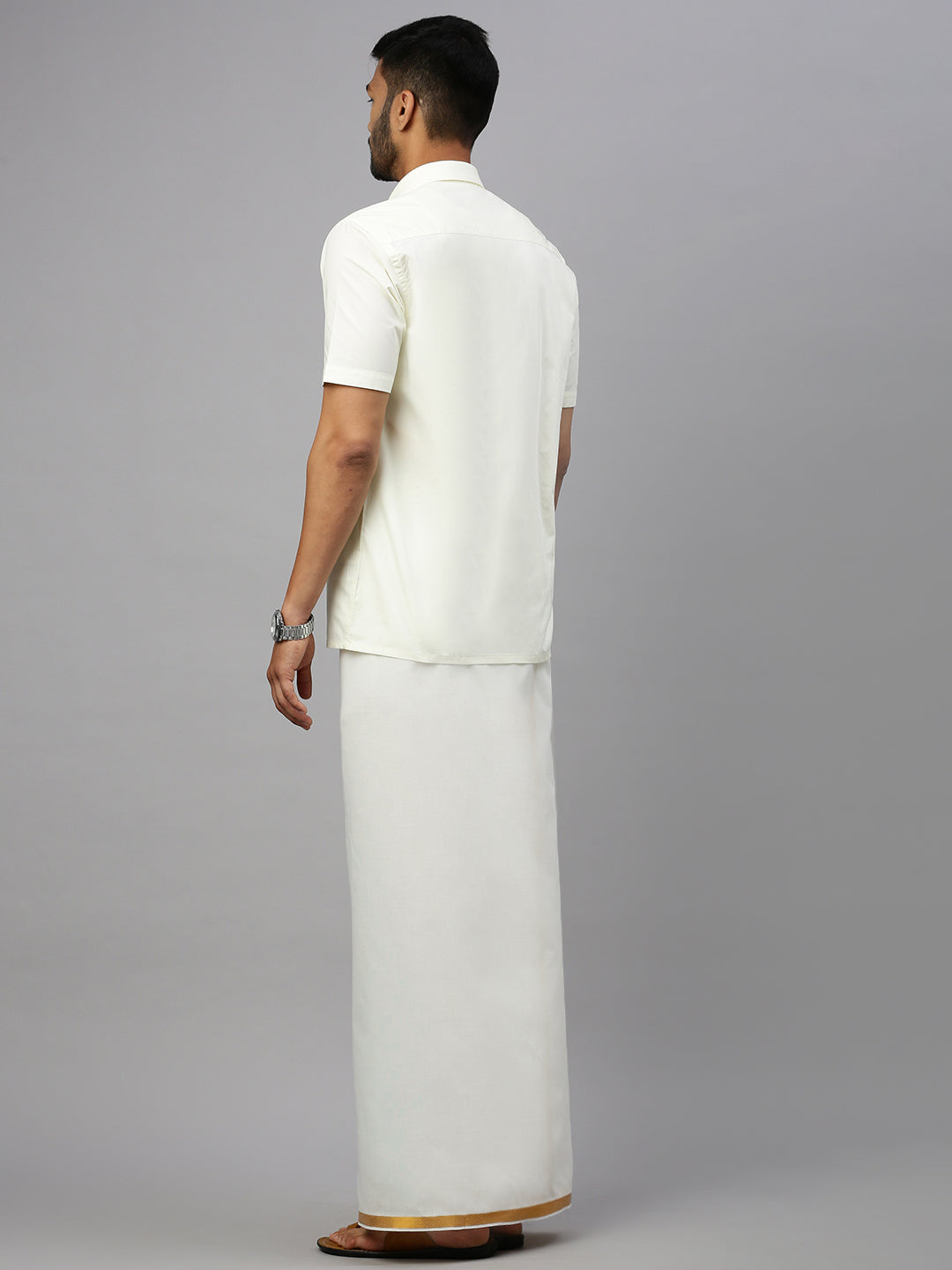 Men 100% Cotton Double Layer Cream Dhoti with 1"Gold Jari Border Arputha